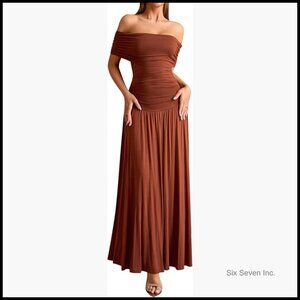 Modal Off Shoulder Maxi Dress Ruched Bodycon Pleated Formal